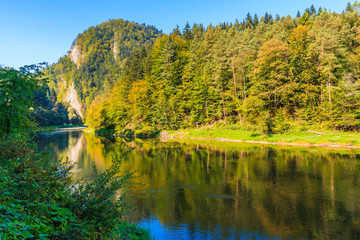 View of Dunajec river in autumn landscape of Pieniny Mountains, Poland