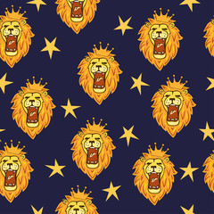 Seamless roaring lions pattern with crowns and stars.