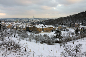 Snowy Prague City in the sunny Day, Czech Republic