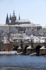 Christmas Snowy Prague City with gothic Castle, Czech republic