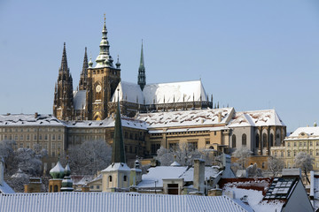 Christmas Snowy Prague City with gothic Castle, Czech republic