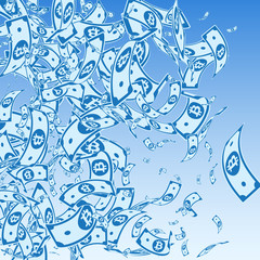 Bitcoin, internet currency notes falling. Messy BTC bills on blue sky background. Cryptocurrency, di