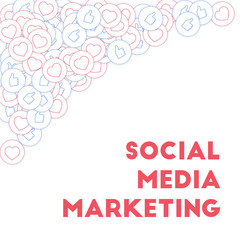 Social media icons. Social media marketing concept. Falling scattered thumbs up hearts. Top left cor