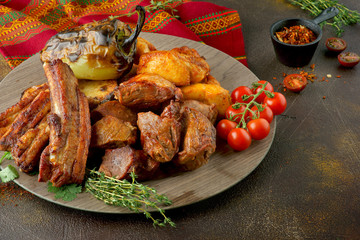 pork and chicken kebab with grilled vegetables