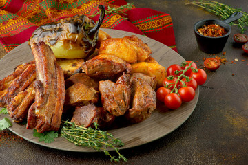 pork and chicken kebab with grilled vegetables