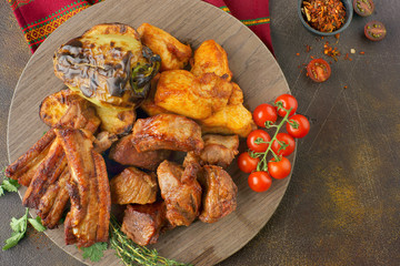 pork and chicken kebab with grilled vegetables