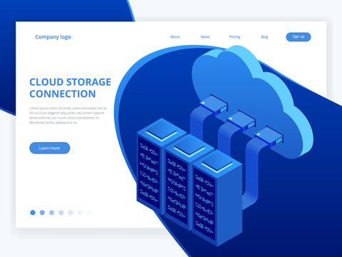 Isometric modern cloud technology and networking concept. Web cloud technology business. Internet data services vector illustration