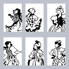 Cards of the dancing happy people in the folk costumes on a white background. Vector illustration.