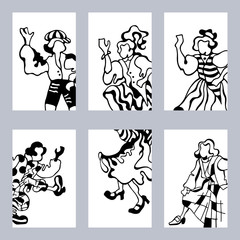 Graphic cards of the dancing happy people in the folk costumes. Vector illustration.