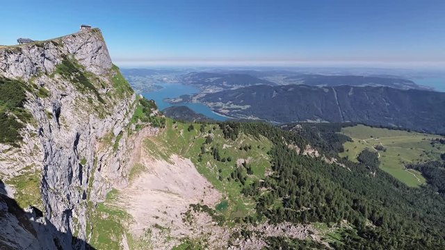 360 degrees seamless looped aerial panorama of Schafberg viewpoint in Salzkammergut, Upper Austria.