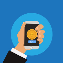 Flat design business Vector Illustration concept template copy space text for Ad website esp isolated 3d isometric. Male Human Hand Holding Touchpad Smartphone with Round Button on Screen