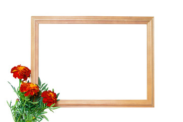 Wooden frame and bouquet of flowers marigolds. White isolate.