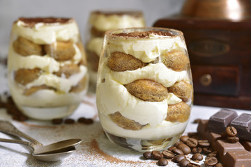 Traditional italian dessert tiramisu,vintage style,copy space.