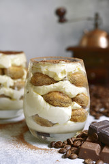 Traditional italian dessert tiramisu,vintage style,copy space.