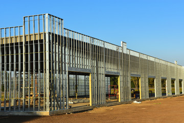 Steel framing members of new commercial building under construction.