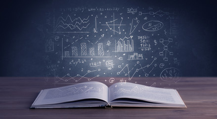 Hand-drawn financial plans and charts coming out of an open book 