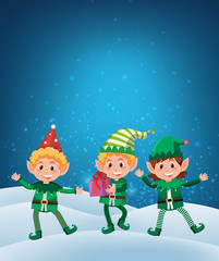 Elf holding gift on snow background