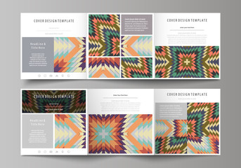 Set of business templates for tri fold square design brochures. Leaflet cover, abstract vector layout. Tribal pattern, geometrical ornament in ethno syle, ethnic backdrop, vintage fashion background.