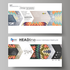 Business templates in HD format for presentation slides. Abstract vector layouts in flat design. Tribal pattern, geometrical ornament in ethno syle, ethnic hipster backdrop, vintage fashion background