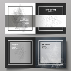 Black colored editable vector layout of two covers templates for square design bifold brochure, magazine, flyer. Polygonal background with triangles, connecting dots and lines. Connection structure.