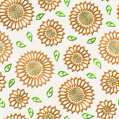  Embroidery floral seamless pattern on linen cloth texture