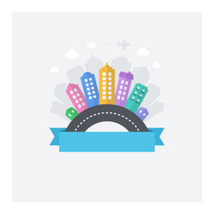 Vector design of modern cityscape with text area. Illustration with modern flat icons: road, buildings, sky.