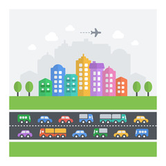Vector illustration of chaotic cityscape. Flat modern icons of vehicles, buildings and homes.