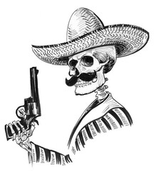 Skeleton in sombrero hat with a gun. Ink black and white illustration