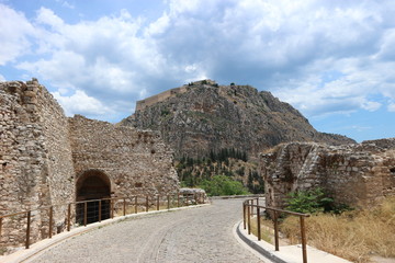 Fototapeta na wymiar View from fortifications of Acronauplia fortress to Palamidi castle, Nafplio, Peloponnese, Greece