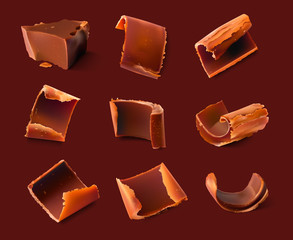 Realistic chocolate pieces and shavings. Vector illustration. Ready for your design. EPS10.