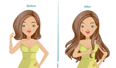 Hair extension of woman. before and after hair extension. trendy hairstyles, haircuts, long hair and short hair stylish. wigs and beauty innovations Illustrations for beauty salon.