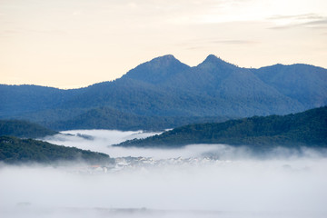 Obraz na płótnie Canvas wonderful landscape of Da Lat city, early morning fog covering the city, far away is the green mountains, mist covered the greenhouse under the morning sun