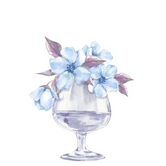 Glass vase with blue flowers. Watercolor illustration