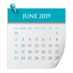 June 2019 monthly calendar vector illustration