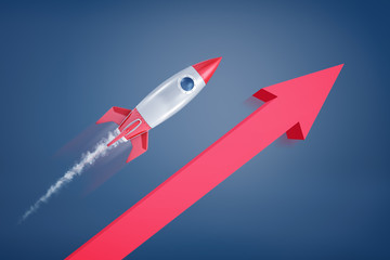 3d rendering of retro looking rocket flies upwards near a red statistic arrow on a blue background.