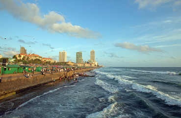 Sunset at the Galle Face beachfront urban park area and seawall in Colombo Sri Lanka Asia