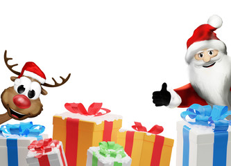 Santa Claus and Reindeer with a pile of christmas presents with snow 3d-illustration