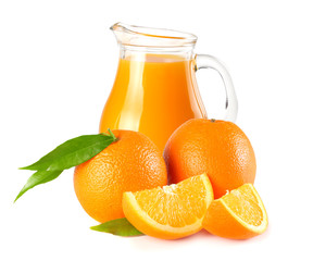 orange juice with orange and green leaf isolated on white background. juice in jug