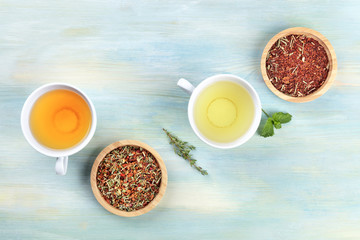 An overhead photo of tea, on a teal background with a place for text