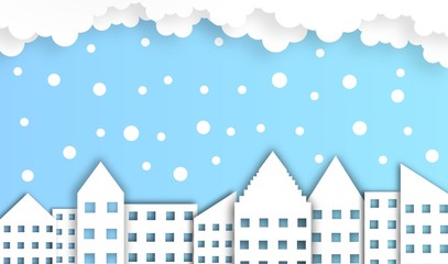 abstract cloud with building background in winter season, vector ,illustration, paper art style, copy space for text