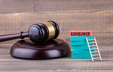consumer protection, justice and law concept. colorful Wooden Blocks