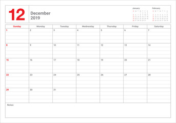 December 2019 desk calendar vector illustration
