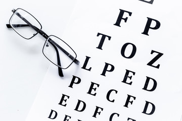 Eye test, eye examination. Glasses with transparent optical lenses on eye test chart on white background top view