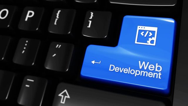 308. Web Development Moving Motion On Blue Enter Button On Modern Computer Keyboard with Text and icon Labeled. Selected Focus Key is Pressing Animation. Website Development Concept