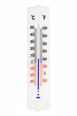 Meteorology thermometer isolated on white background. Air temperature plus 7 degrees celsius