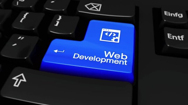 310. Web Development Round Motion On Blue Enter Button On Modern Computer Keyboard with Text and icon Labeled. Selected Focus Key is Pressing Animation. Website Development Concept