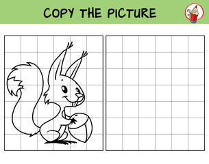 Funny little squirrel with a nut. Copy the picture. Coloring book. Educational game for children. Cartoon vector illustration