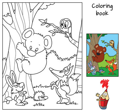Animals in the forest. Teddy bear, fox, hare, hedgehog and owl. Coloring book. Cartoon vector illustration