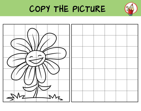Funny smiling flower. Copy the picture. Coloring book. Educational game for children. Cartoon vector illustration