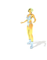 Beautiful sexy fitness girl in wizard pose. Pretty woman wearing bikini and boots. Half turn view. 3D rendering.